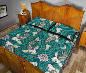 Koi Fish Carp Fish lotus pattern Quilt Bed Set