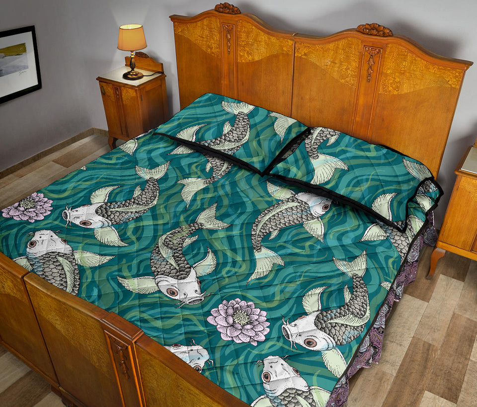 Koi Fish Carp Fish lotus pattern Quilt Bed Set