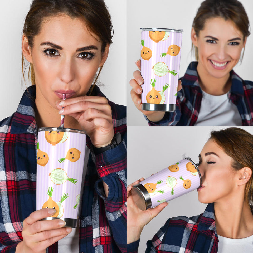 Cute Onions Smiling Faces Purple Background Tumbler