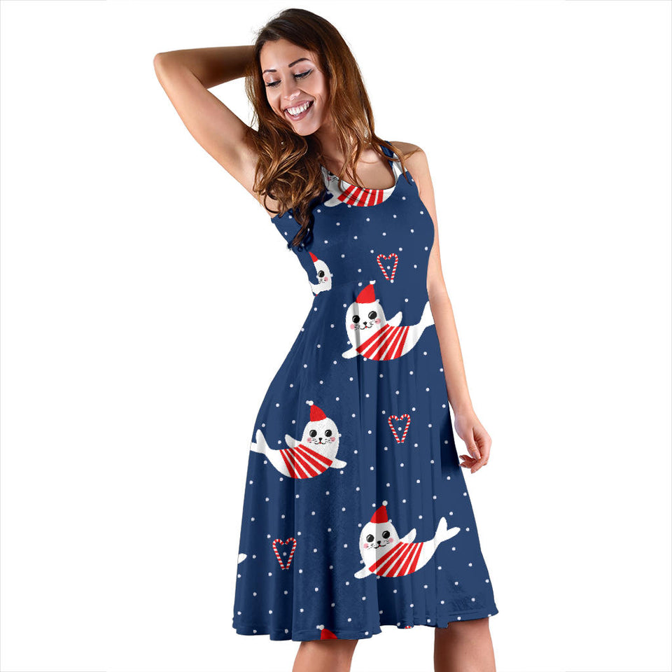 Cute Sea Lion Seal Christmas Hat Candy Cane Heart Pattern Sleeveless Midi Dress