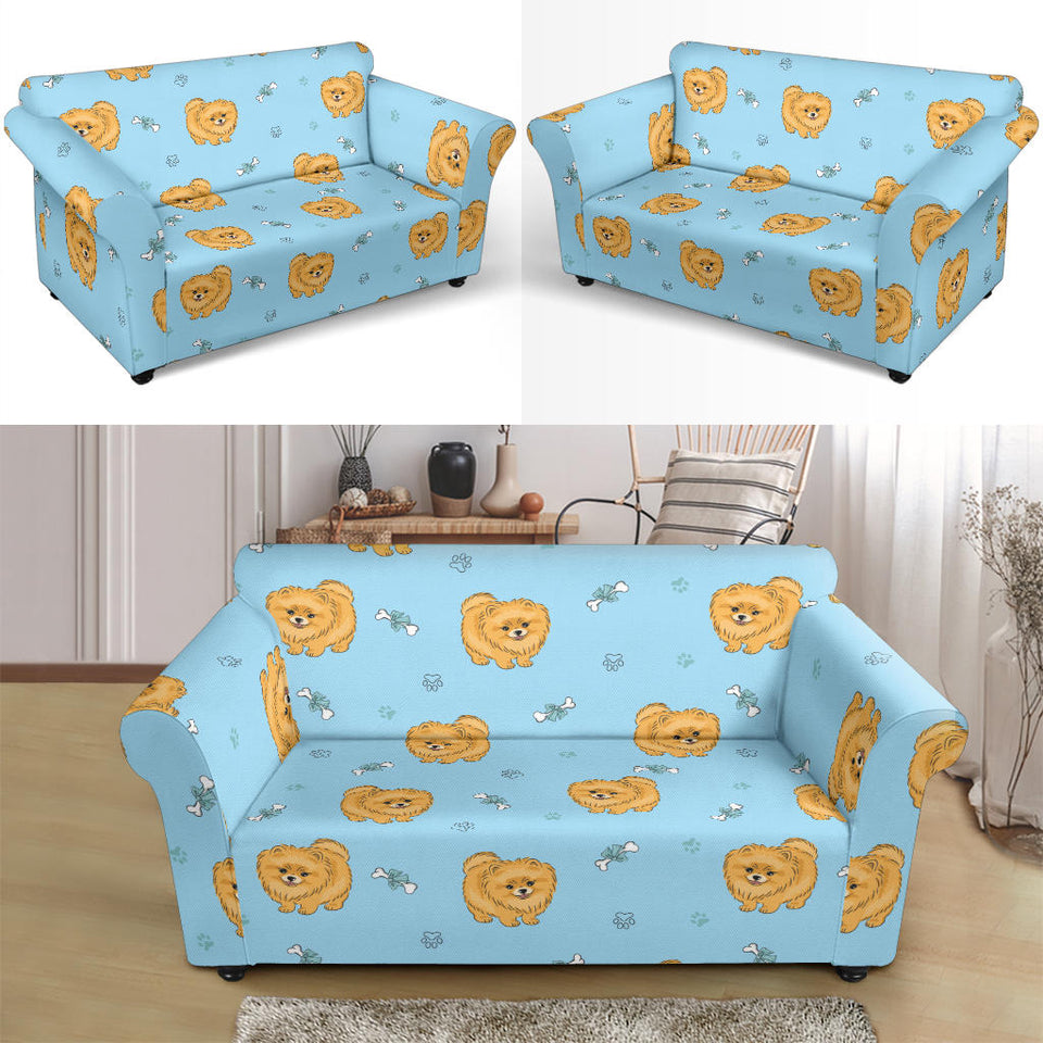 Brown Cute Pomeranian Blue Blackground Loveseat Couch Slipcover
