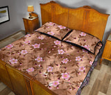 Pink sakura cherry blossom drak brown background Quilt Bed Set