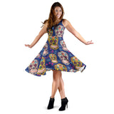 Sugar Skull Flower Pattern Sleeveless Midi Dress