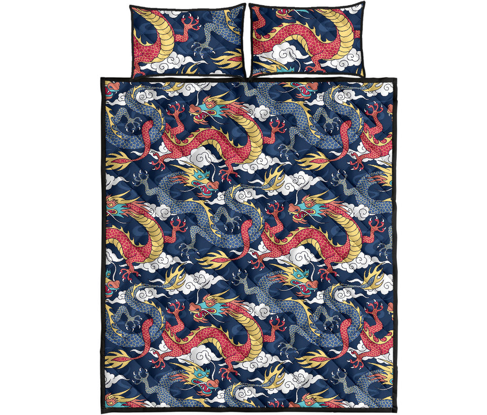 Blue red dragon cloud pattern Quilt Bed Set