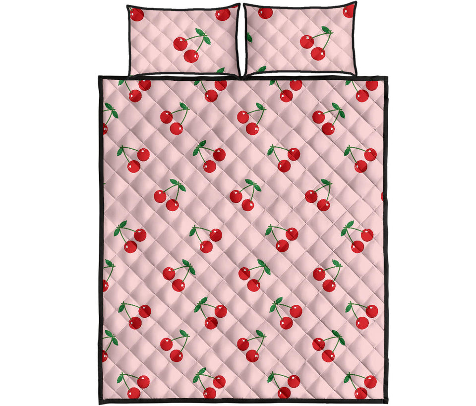 cherry pattern pink background Quilt Bed Set