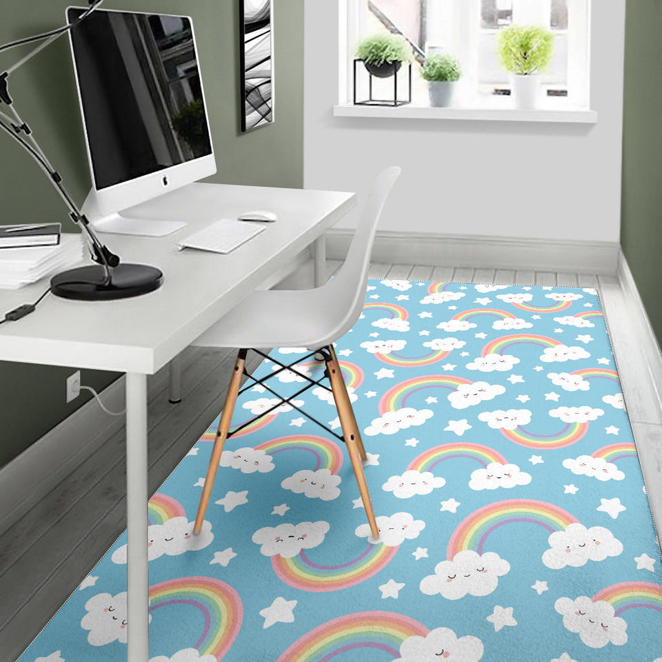 Cute Rainbow Clound Star Pattern Blue Background Area Rug