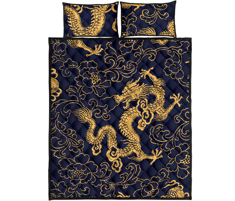 Gold dragon pattern Quilt Bed Set