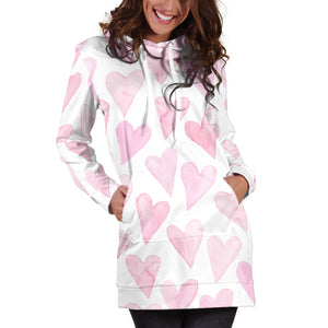 Watercolor Pink Heart Pattern Women'S Hoodie Dress