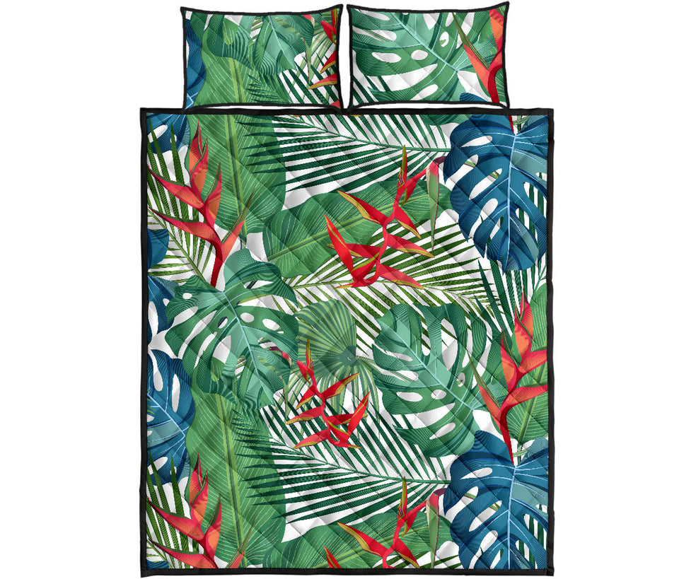 heliconia palm and monstera  leaves pattern Quilt Bed Set