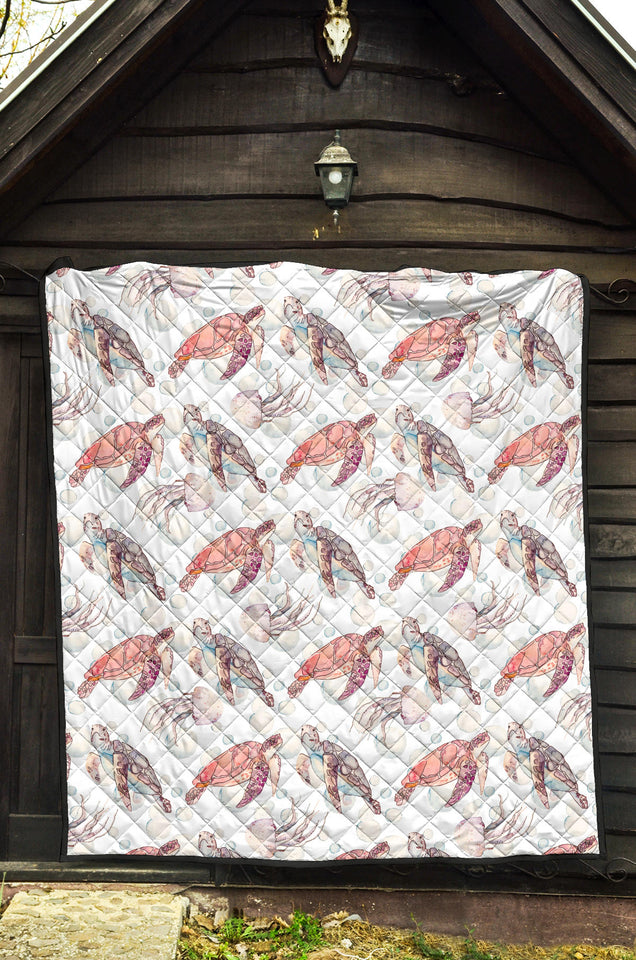 Watercolor Sea Turtle Jellyfish Pattern Premium Quilt