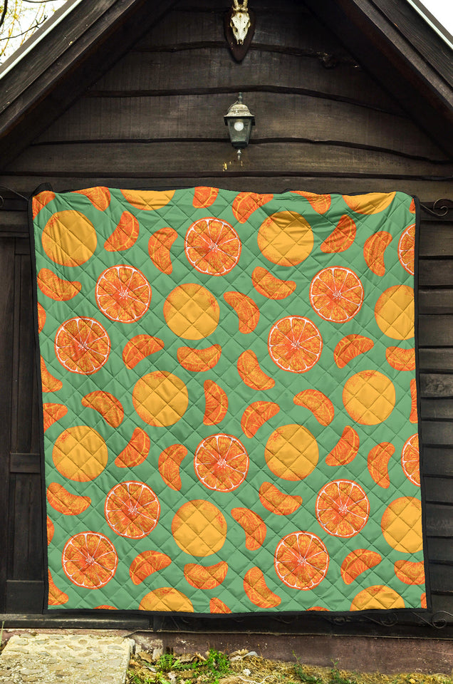 Orange Fruit Pattern Green Background Premium Quilt
