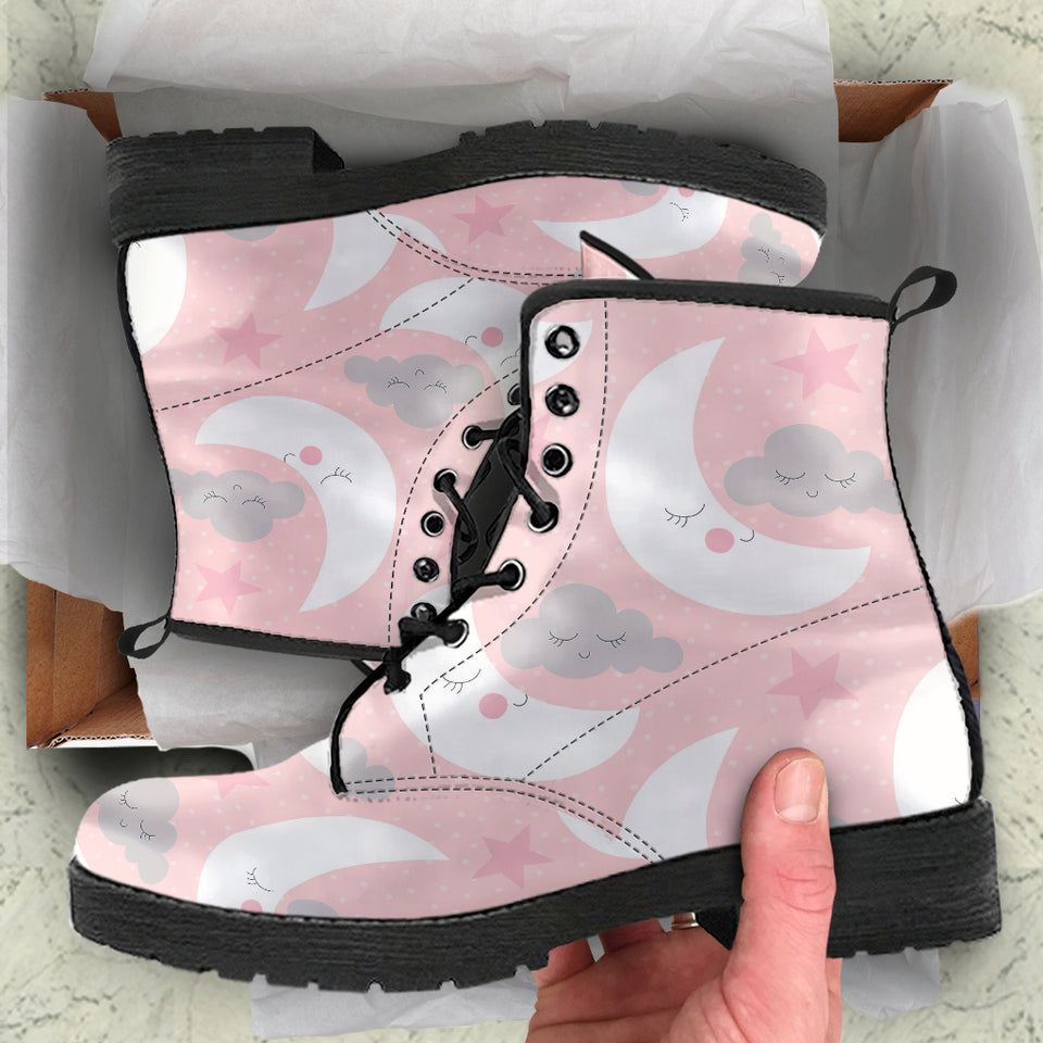Cute Moon Cloud Star Pattern Pink Dot Background Leather Boots
