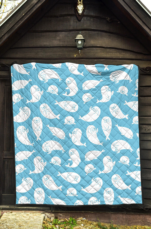 Cute White Sea Lion Seals Pattern Premium Quilt