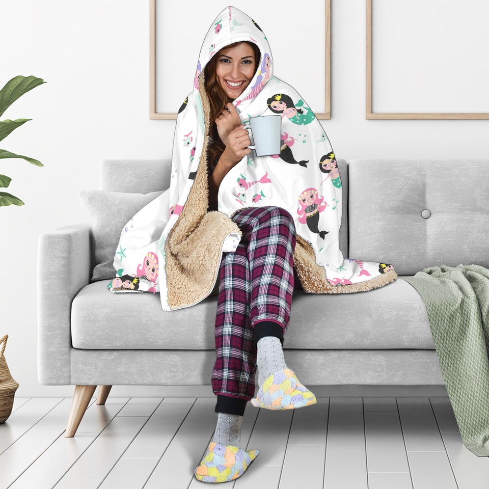 Cute Mermaid Dolphin Fish Starfish Pattern Hooded Blanket