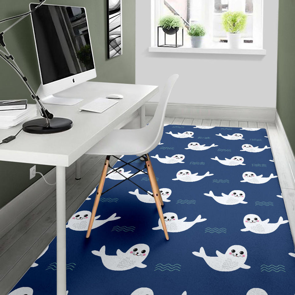 Cute White Baby Sea Lion Seal Pattern Area Rug