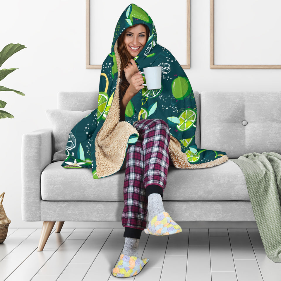 Lime Ice Flower Pattern Hooded Blanket
