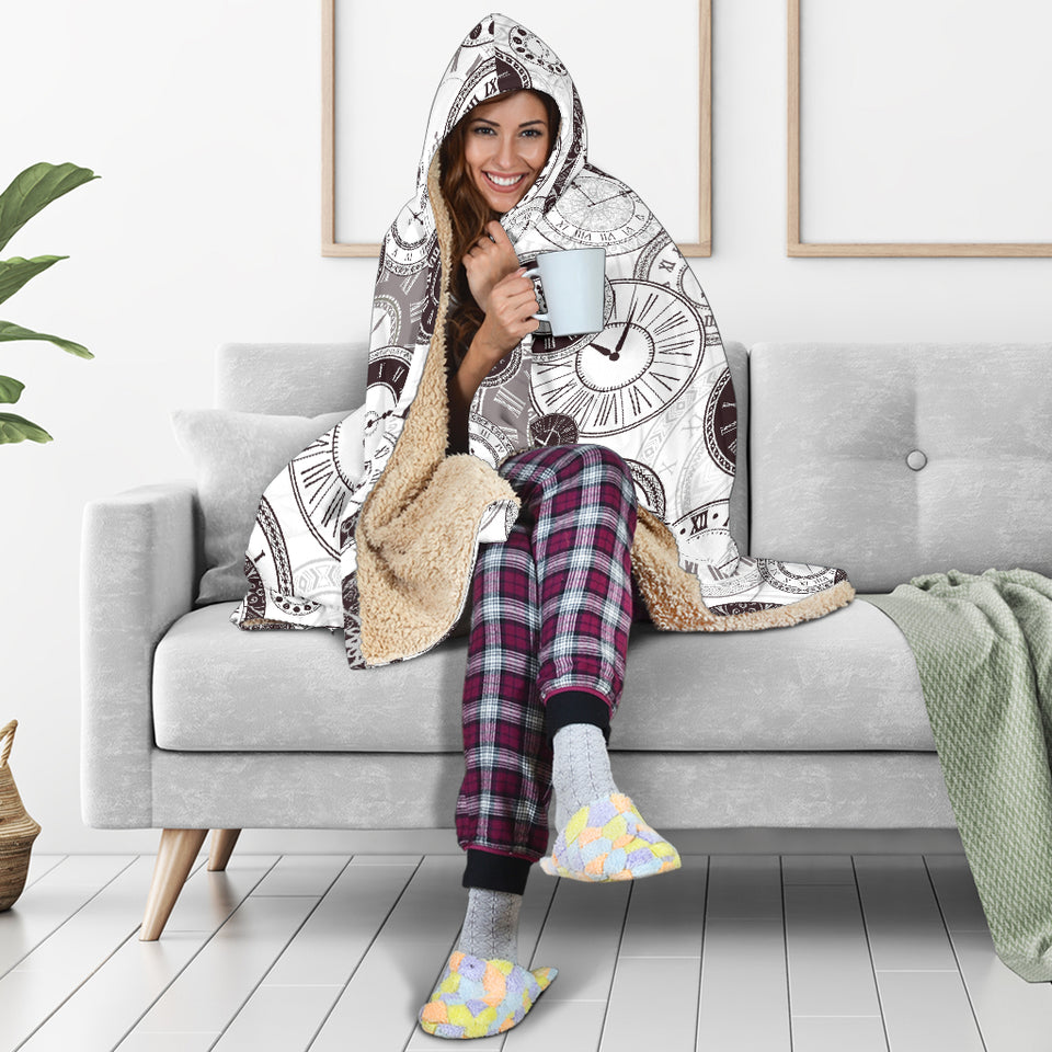 Classic Vintage Clock Pattern Hooded Blanket