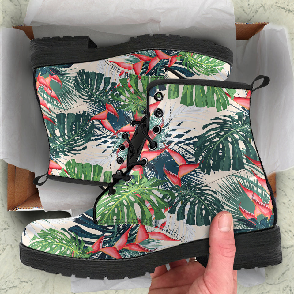 Heliconia Flowers, Palm And Monstera Leaves Leather Boots