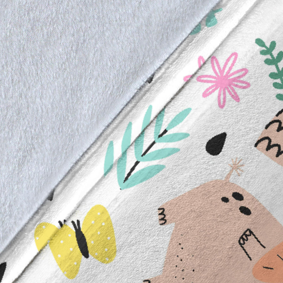 Cute Elephants Palm Tree Flower Butterfly Pattern Premium Blanket