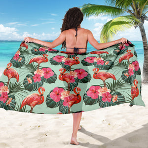 Beautiful Flamingo Tropical Palm Leaves Hibiscus Pateern Background Sarong