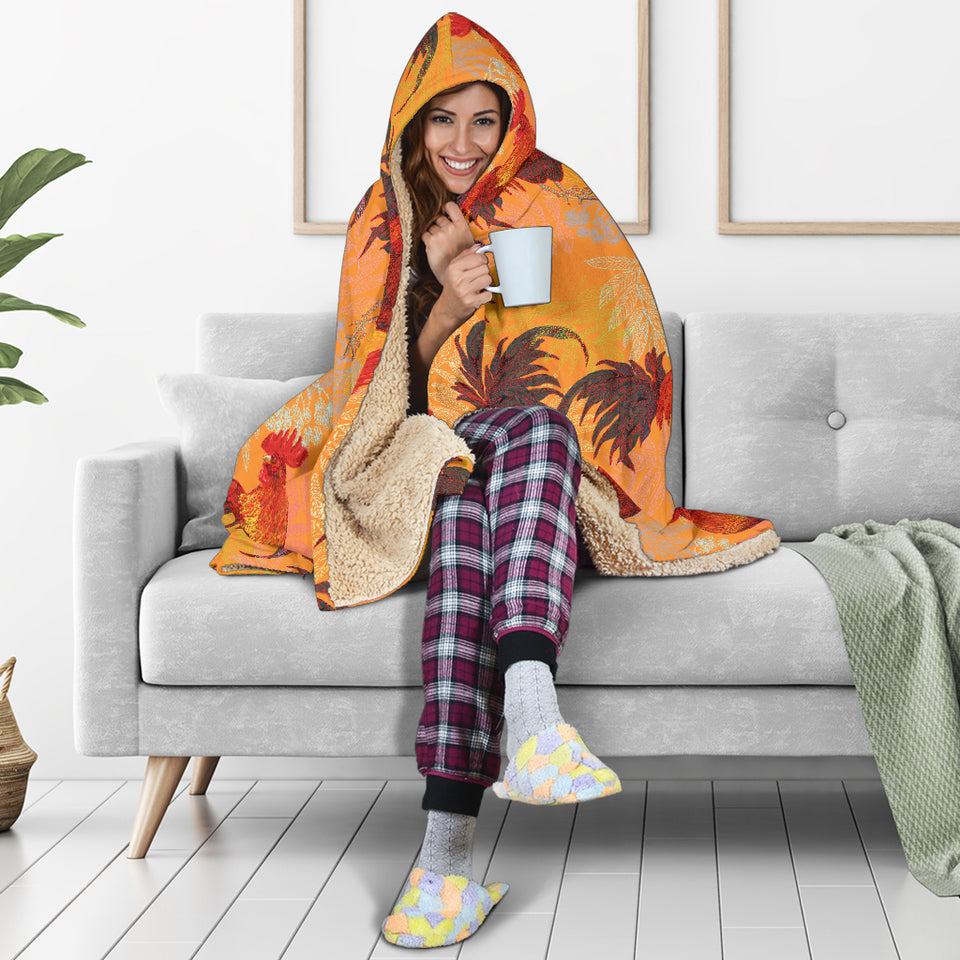 Red Rooster Chicken Cock Pattern Hooded Blanket