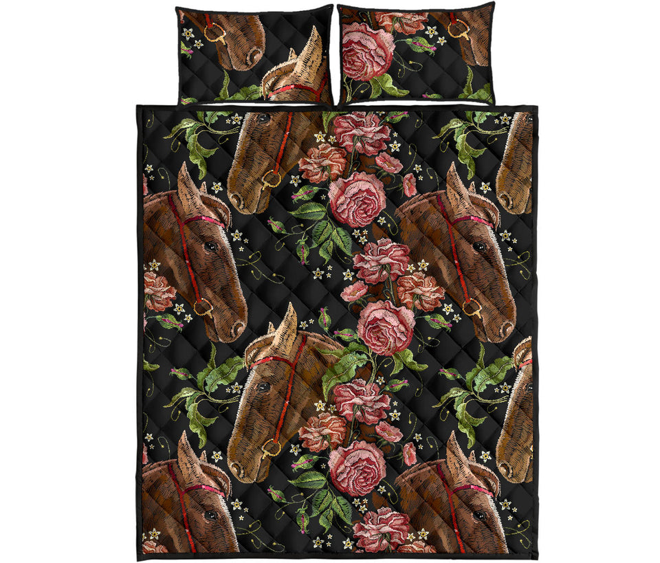 Horse head wild roses pattern Quilt Bed Set