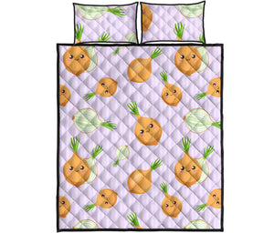cute onions smiling faces purple background Quilt Bed Set