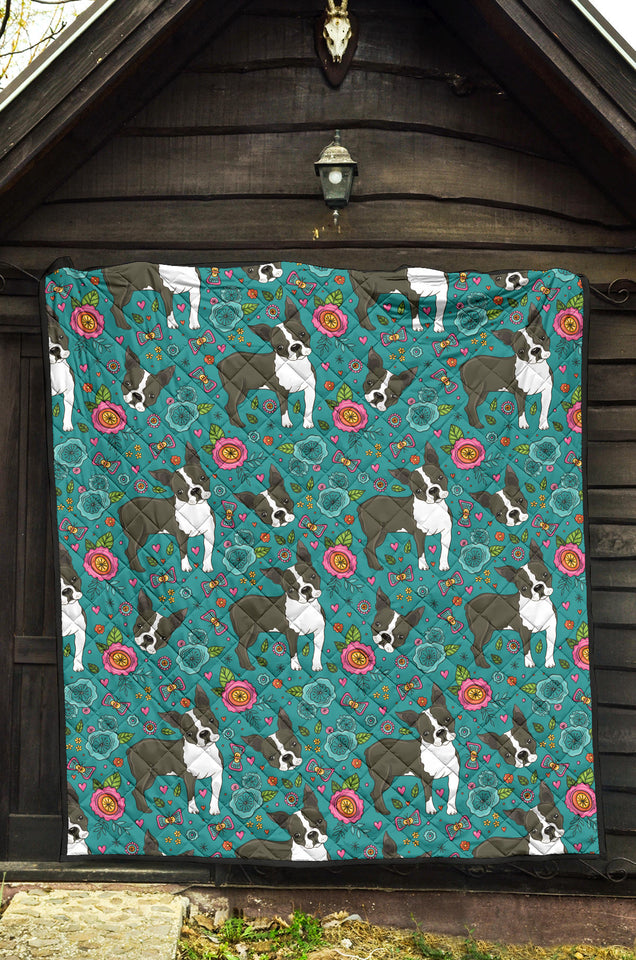 Boston Terrier Beautiful Flower Pattern Premium Quilt