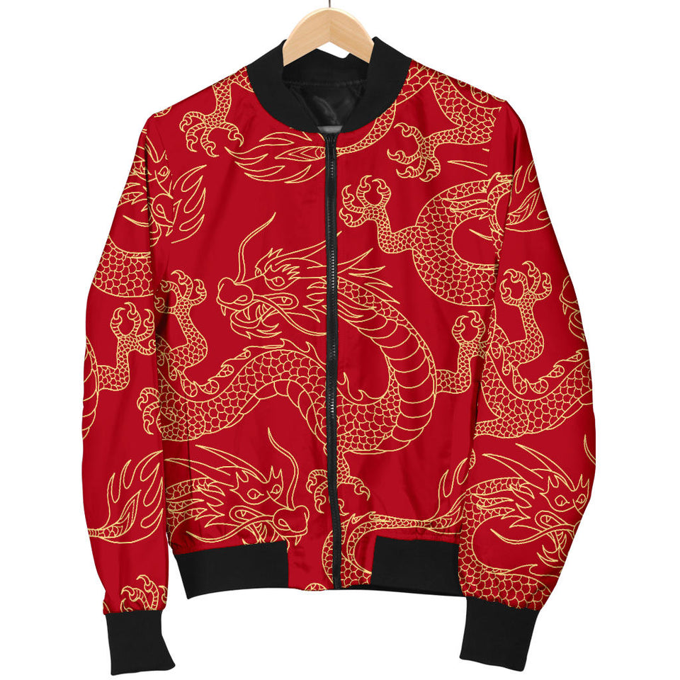 Gold Dragons Red Background Women'S Bomber Jacket