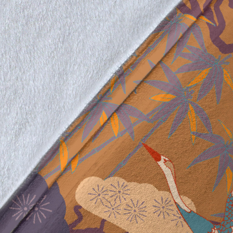 Bonsai Bamboo Stork Japanese Pattern Brown Theme Premium Blanket