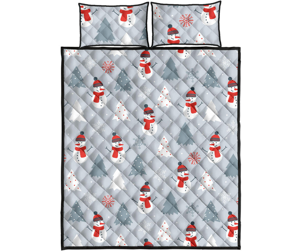 Snowman christmas  tree snow gray background Quilt Bed Set