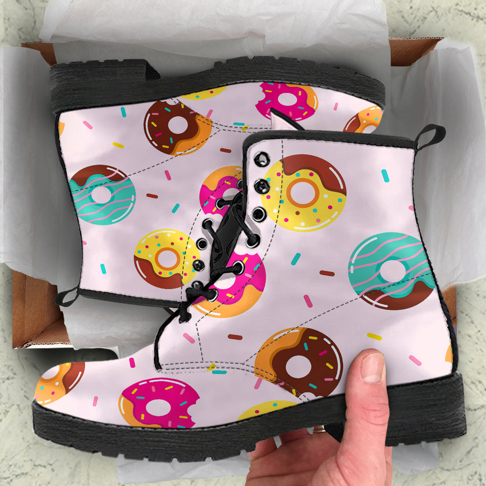Donut Pattern Glaze Pink Background Leather Boots