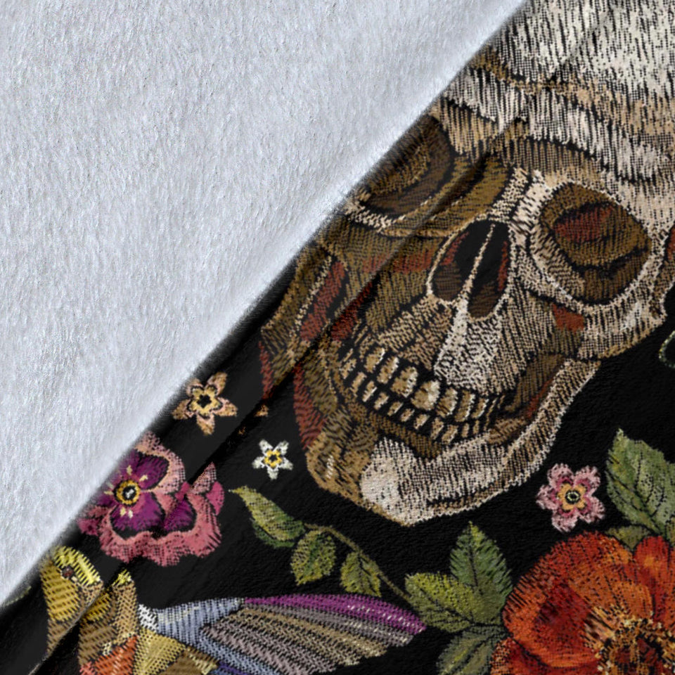 Skull Rose Humming Bird Flower Pattern Premium Blanket
