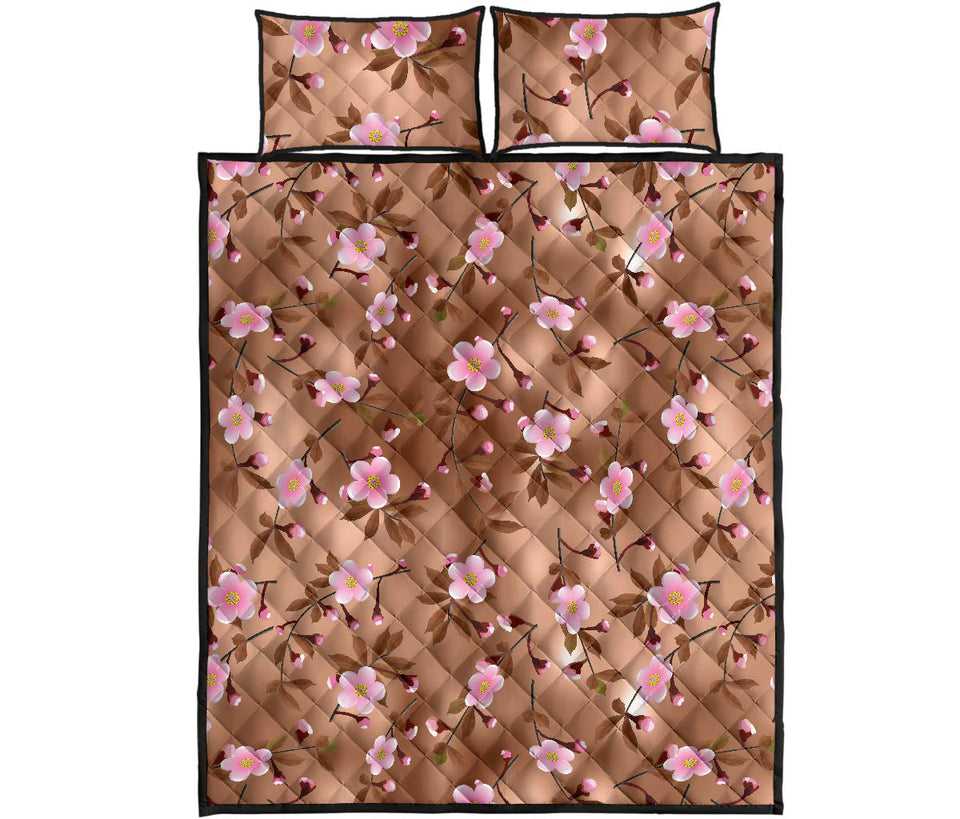 Pink sakura cherry blossom drak brown background Quilt Bed Set