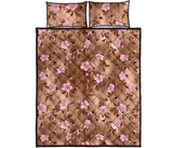 Pink sakura cherry blossom drak brown background Quilt Bed Set