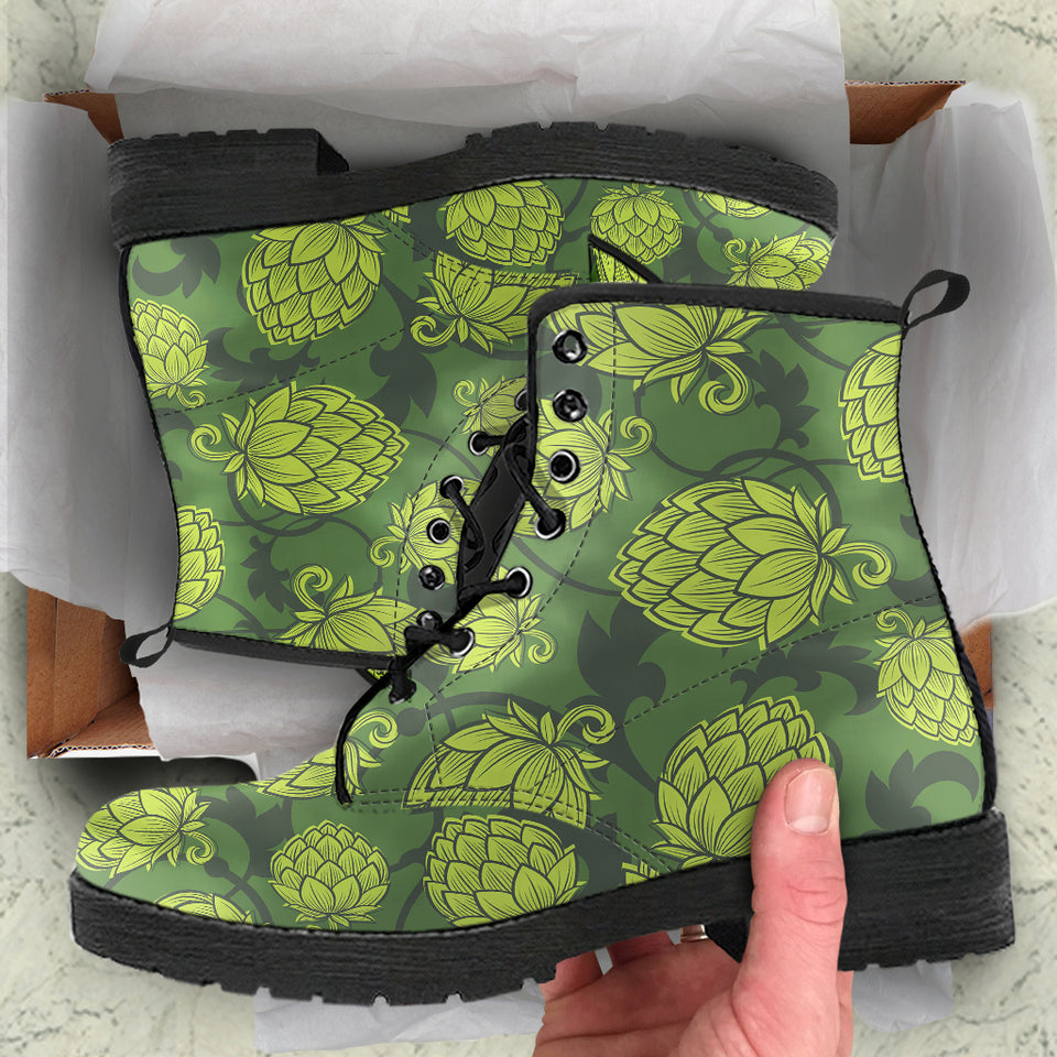 Hop Pattern Hop Cone Background Leather Boots