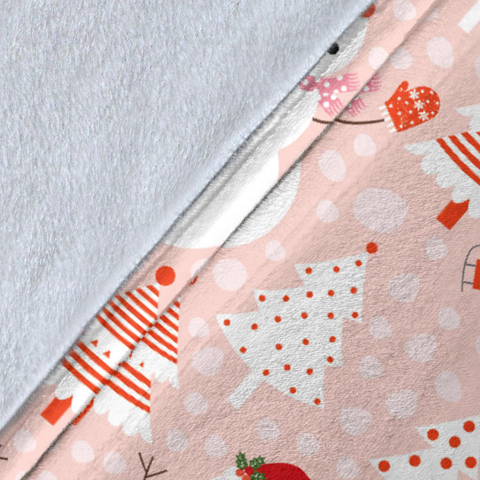 Cute Snowman Christmas Tree Snowpink Background Premium Blanket