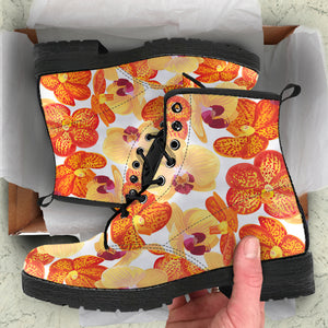 Orange Yellow Orchid Flower Pattern Background Leather Boots