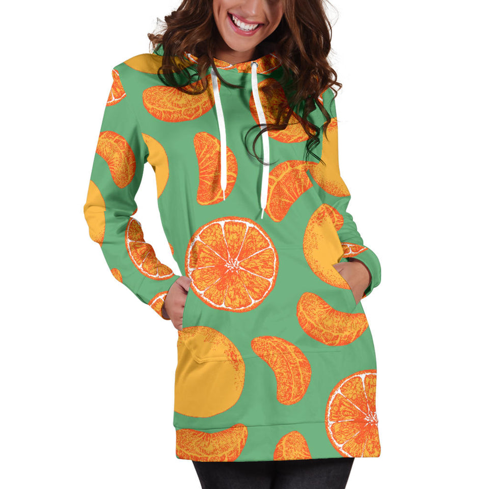 Orange Fruit Pattern Green Background Women'S Hoodie Dress