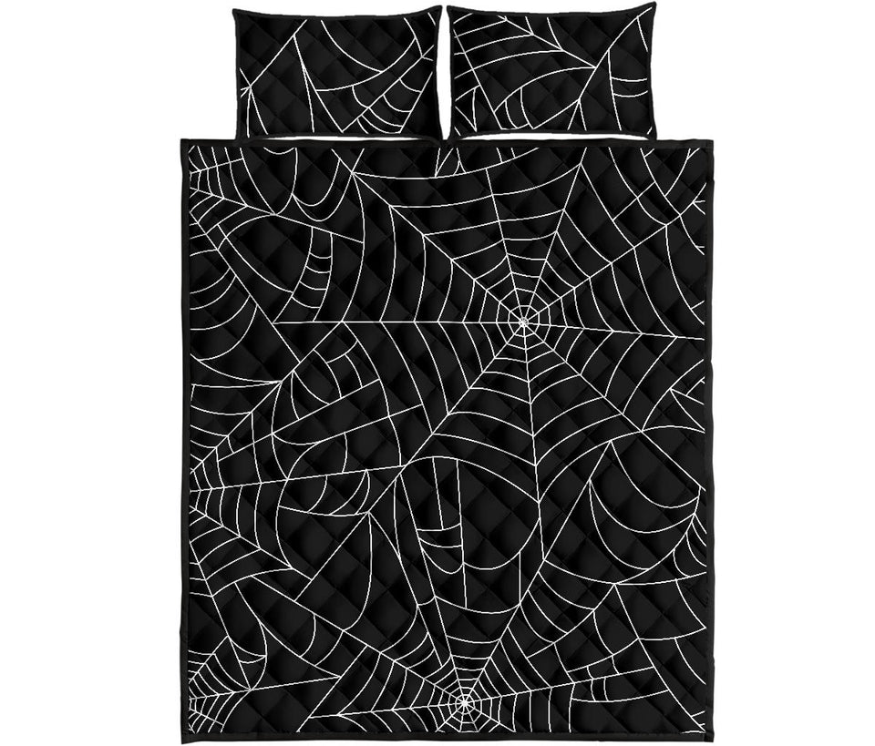 Spider web pattern Black background white cobweb Quilt Bed Set