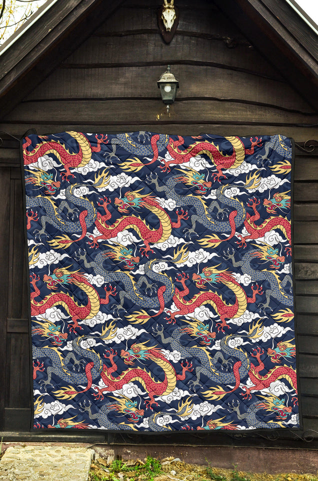 Blue Red Dragon Cloud Pattern Premium Quilt