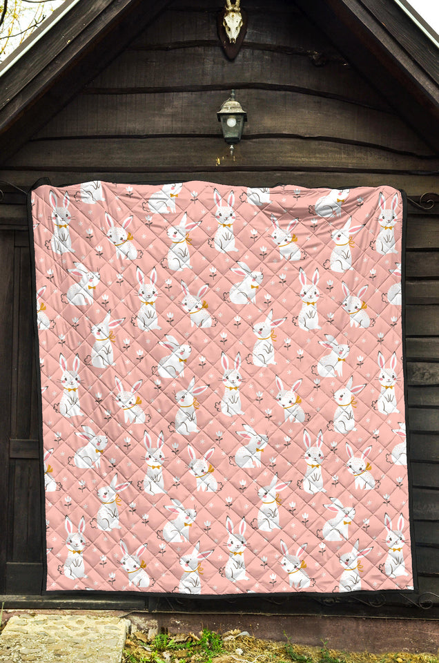 Cute White Rabbit Flower Pink Background Premium Quilt.