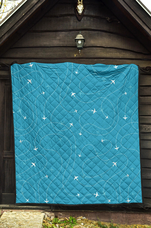 Airplane Destinations Blue Background Premium Quilt