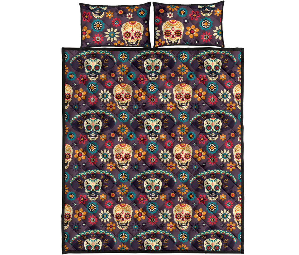 Sugar skulls flower maxican pattern Quilt Bed Set