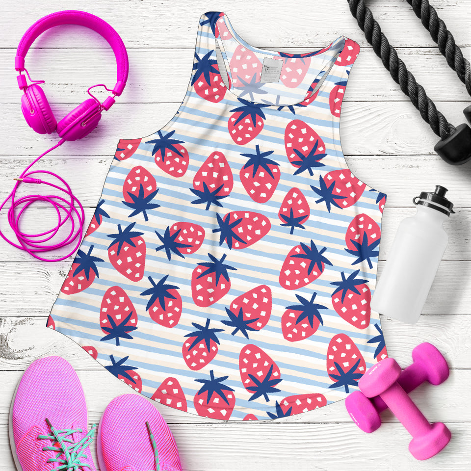 Strawberry pattern blue lines background Women Racerback Tank Top