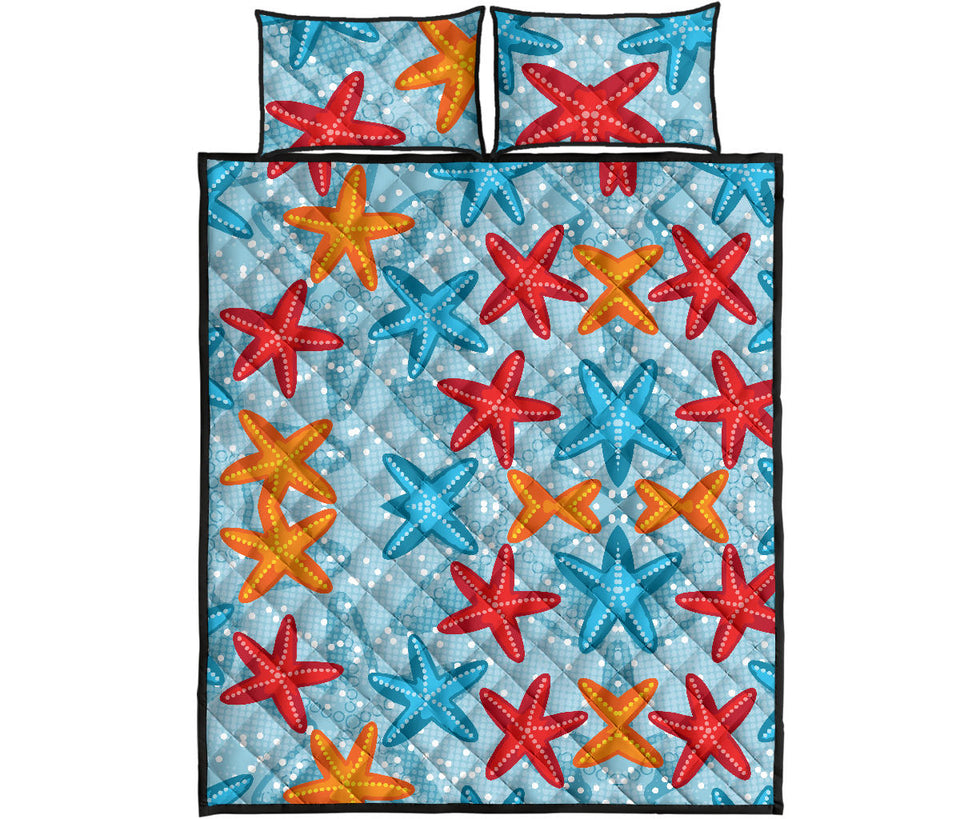 Blue red orange starfish pattern Quilt Bed Set