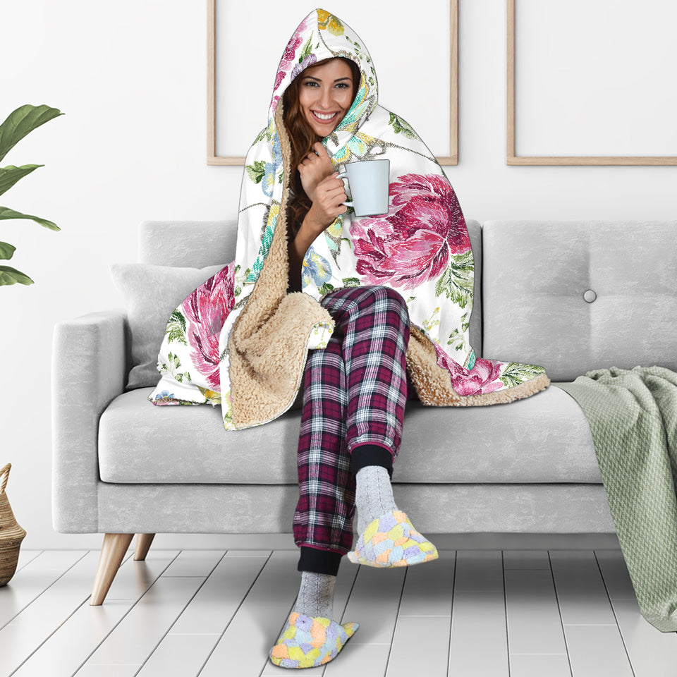 Hand Drawn Butterfly Rose Hooded Blanket