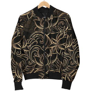 Luxurious Gold Lotus Waterlily Black Background Women'S Bomber Jacket