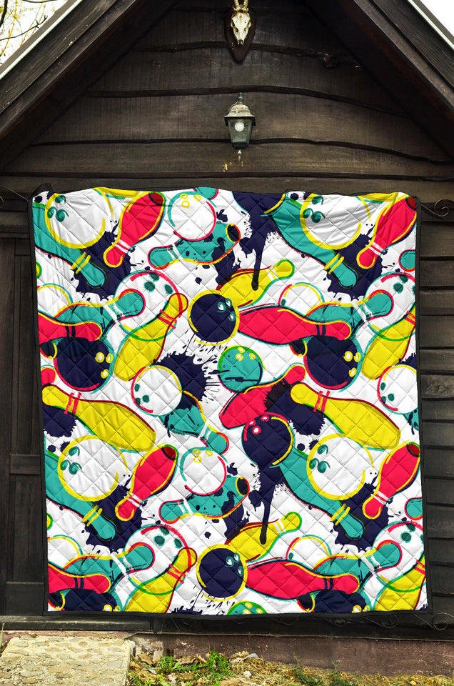 Watercolor Bowling Ball Pins Premium Quilt