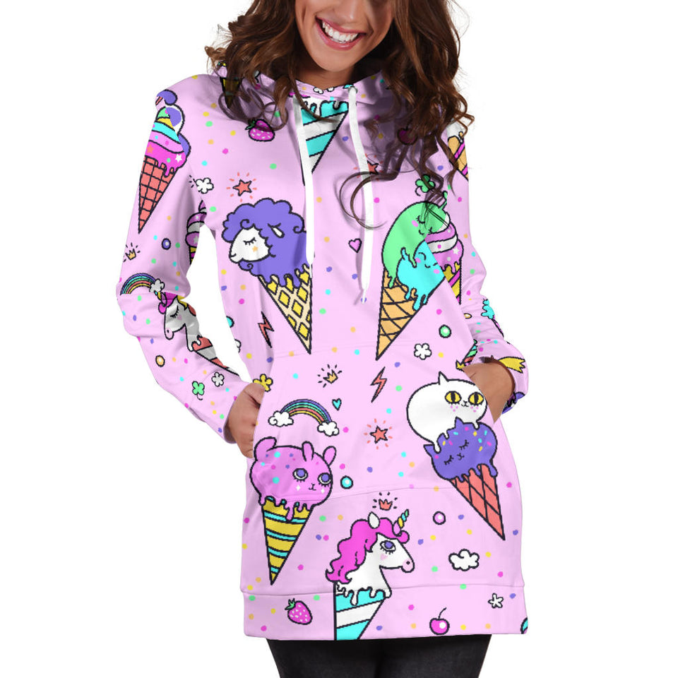 Cute Ice Cream Cone Animal Pattern Women'S Hoodie Dress